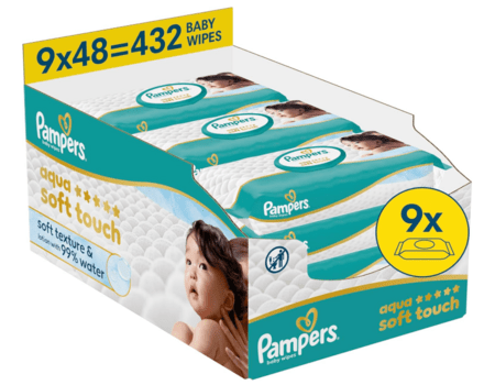 PAMPERS mitrās salvetes Wipes Aqua Soft Touch, 9x48 vnt., 80874248 