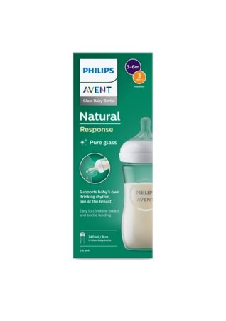PHILIPS AVENT stikla bērnu pudele 240 ml ar lēnas noplūdes knupīti, 1mēn+, Natural Response, SCY933/01 SCY933/01