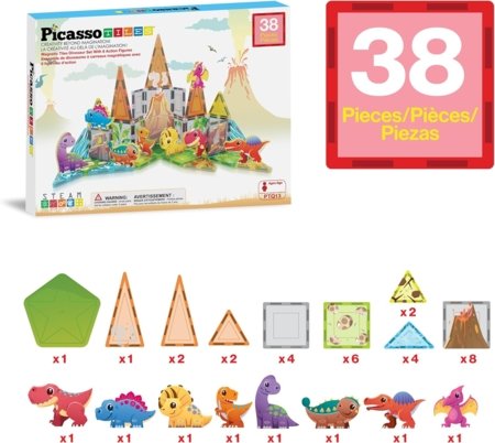 PICASSO TILES Magnētiskais konstruktors ar 8 dinozauriem figures 38 gab., PTQ13 