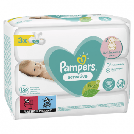 PAMPERS Sensitive salvetes, 3 iepakojumi, 156 gab., 81752611 81752611