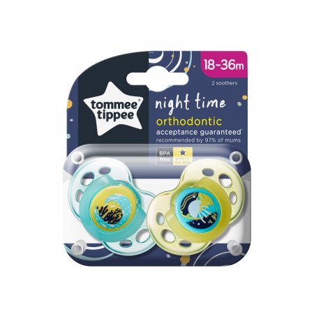 TOMMEE TIPPEE ortodontiskie māneklīši NIGHT TIME, 18-36 m., 2 gab., dažādi, 43340099 43340094