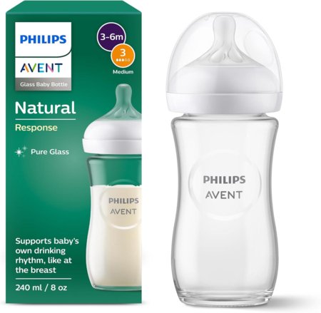 PHILIPS AVENT stikla bērnu pudele 240 ml ar lēnas noplūdes knupīti, 1mēn+, Natural Response, SCY933/01 SCY933/01