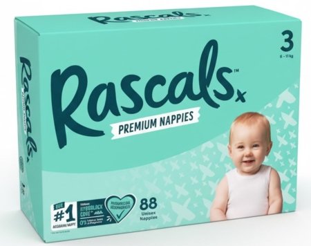RASCALS autiņbiksītes, 3 izmērs, 6-11 kg., 88 gab. 