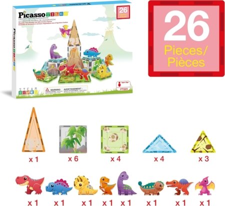PICASSO TILES Magnētiskais konstruktors ar 8 dinozauriem figures 26 gab., PTQ23 