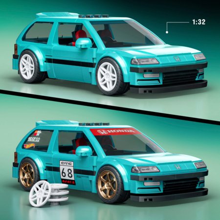 MATTEL BRICK SHOP HOT WHEELS 1:32 Honda Custom ’90 Civic EF būvēšanas komplekts, JHF62 