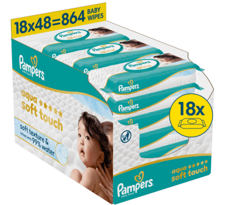 PAMPERS mitrās salvetes Wipes Aqua Soft Touch, 18x48 vnt., 80874247 