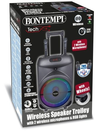 BONTEMPI TECH bezvadu skaļrunis uz riteņiem ar 2 bezvadu mikrofoniem un RGB gaismām, 491080 