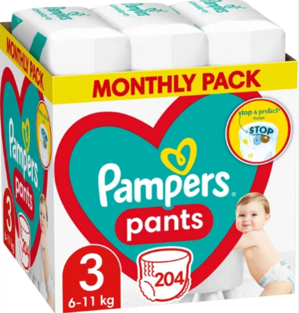 PAMPERS autiņbiksītes-biksītes Pants Monthly, 3 izmērs, 6-11kg, 204 gab., 81772856 