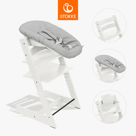 STOKKE barošanas krēsls ar aizsargbarjeru un jaundzimušā ieliktnīti TRIPP TRAPP, white, grey NBS, 685900 