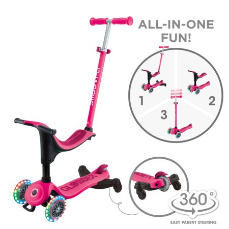 GLOBBER skrejritenis Go Up Sporty Lights 360°, spilgti rozā, 456-610 S 