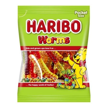 HARIBO želejas konfektes WORMS, augļu garša, 100 g., HARI7737 