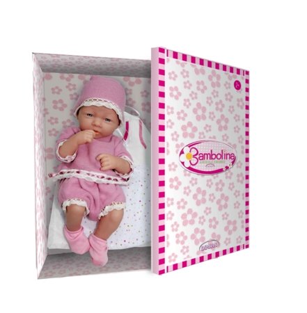 BAMBOLINA leļļu mazulis ar piederumiem 36cm New Born Baby With Sleep Bag With Mesh Bag In Pink Shoes Box, BD1632SB   