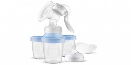 PHILIPS AVENT manuālais krūts piena sūknis ar trauciņiem piena/ēdiena uzglabāšanai (3 gab., + adapteris) LOTUS, SCF430/13 