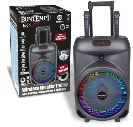 BONTEMPI TECH bezvadu skaļrunis uz riteņiem ar 2 bezvadu mikrofoniem un RGB gaismām, 491080 