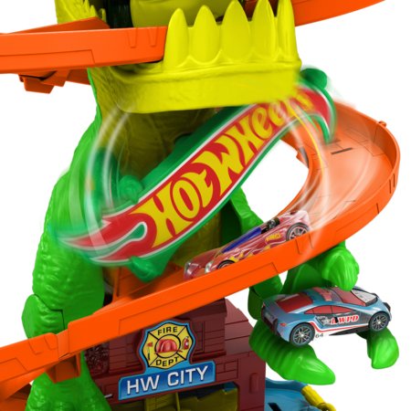 HOT WHEELS trases komplekts ar dinozaura un ugunsdzēsēju depo tematiku, JBM73 