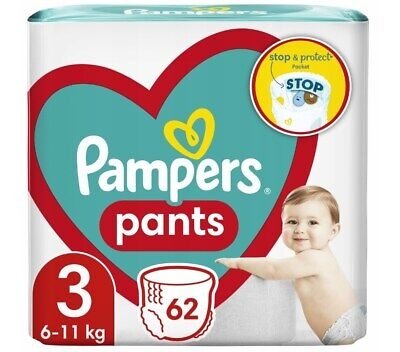 PAMPERS autiņbiksītes-biksītes PANTS, 3 izmērs, 62 gab., 6-11 kg. 