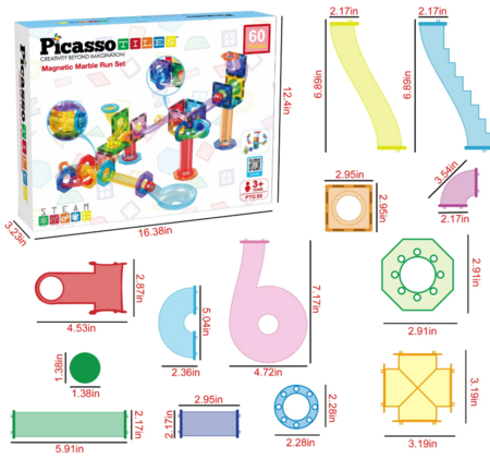 PICASSO TILES Magnētiskais konstruktors Marble Run 60 detaļas, PTG60 
